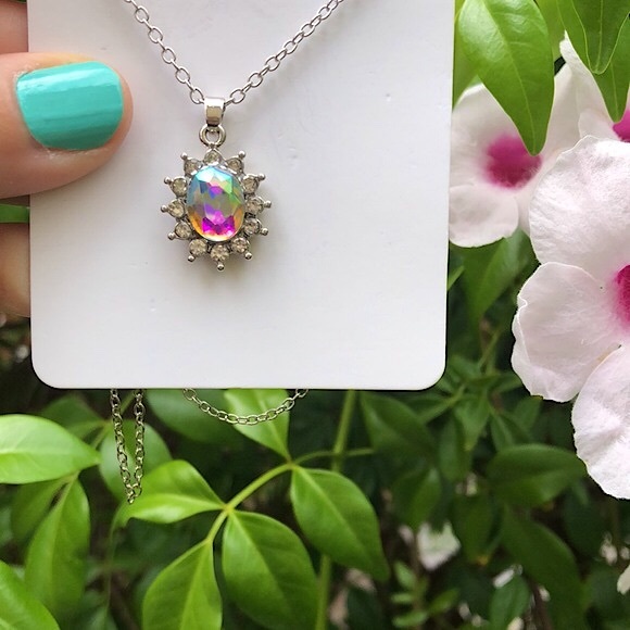 Aurora Borealis Crystal Halo Drop Necklace - Picture 8 of 9